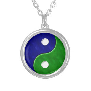 Yin Yang Blue och Grönt Necklace Silverpläterat Halsband