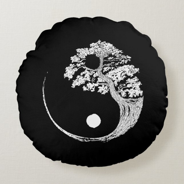 Yin Yang Bonsai Träd japansk buddhist Zen Rund Kudde (Framsidan)
