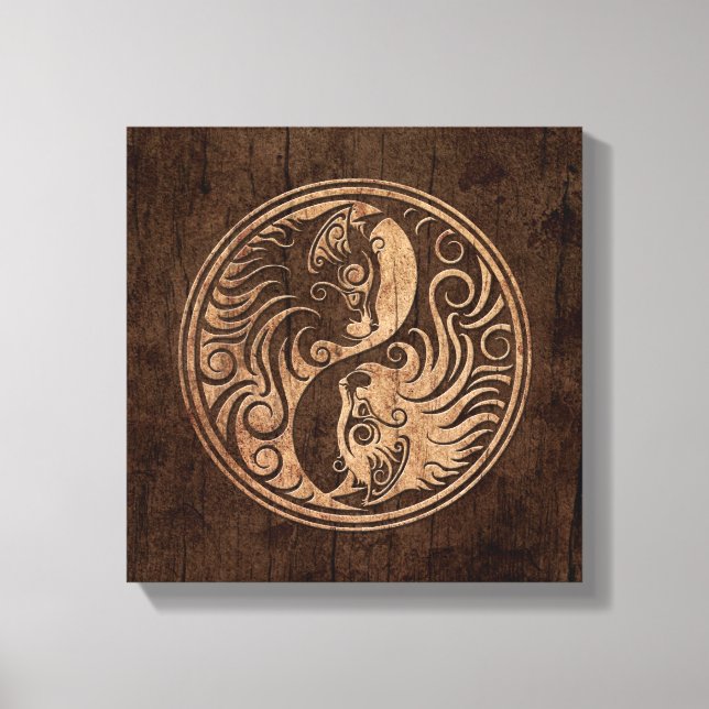 Yin Yang Cats med Wood Grain Effect Canvastryck (Framsida)
