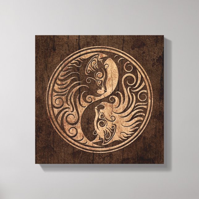 Yin Yang Cats med Wood Grain Effect Canvastryck (Framsida)