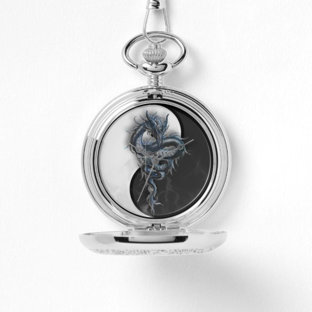Yin Yang Chinese Dragon Silver Pocket Watch Armbandsur (Framsida)