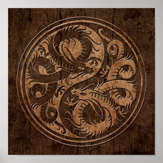 Yin Yang Chinese Dragons with Wood Grain Effect Poster (Framsidan)