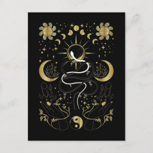 Yin Yang Crescent Måne Sol Celestial Snakes Vykort