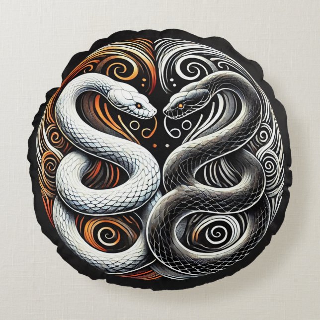 Yin Yang-design med två ormar Rund Kudde (Framsidan)