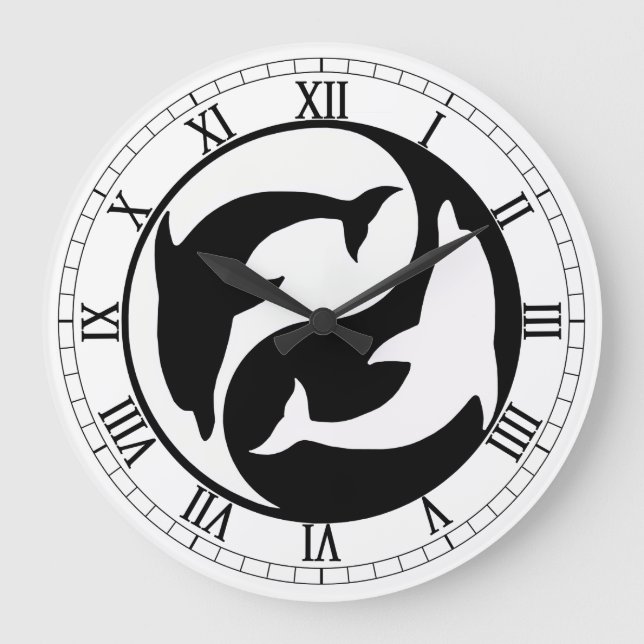 Yin Yang Dolphins Round Roman Numerals Clock Stor Klocka (Framsida)