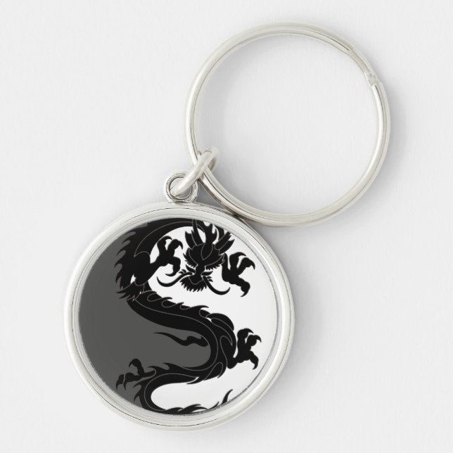 Yin Yang Dragon Rund Silverfärgad Nyckelring (Framsidan)