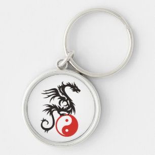 Yin & Yang Dragon Rund Silverfärgad Nyckelring