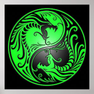 Yin Yang Dragons, grönt och svart Poster