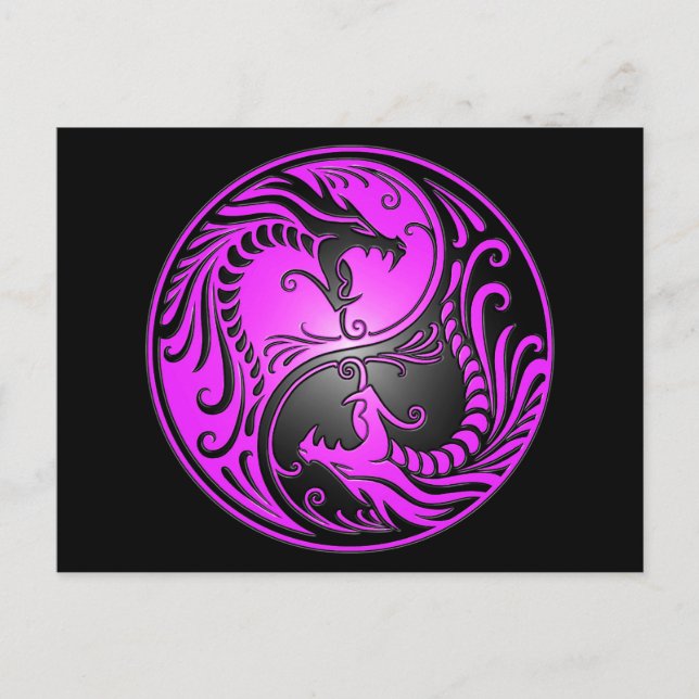 Yin Yang Dragons, lila och svart Vykort (Framsida)