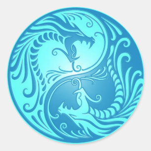 Yin Yang Dragons, ljusblå Runt Klistermärke