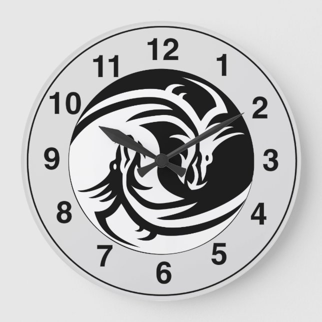 Yin Yang Dragons Tribal Tattoo Design Wall Clock Stor Klocka (Framsida)