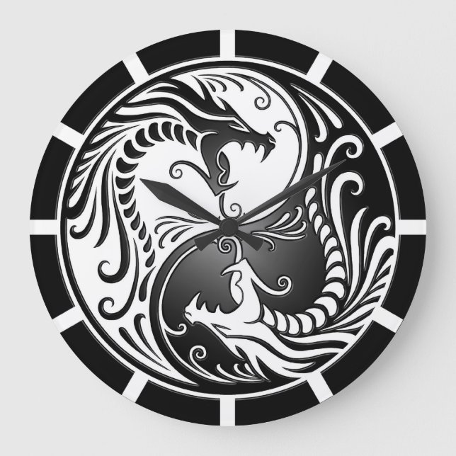 Yin Yang Dragons, vit och svart Stor Klocka (Framsida)