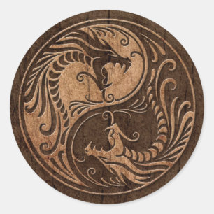 Yin Yang Dragons with Wood Grain Effect Runt Klistermärke