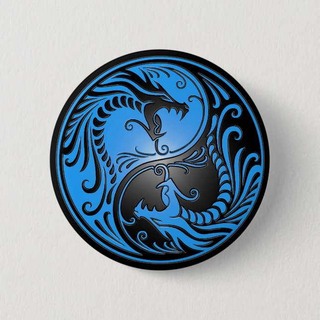 Yin Yang drakar, blått och svart Knapp (Framsida)