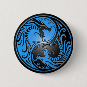 Yin Yang drakar, blått och svart Knapp