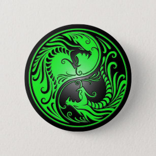 Yin Yang drakar, grönt och svart Knapp