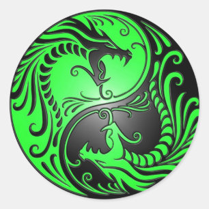 Yin Yang drakar, grönt och svart Runt Klistermärke