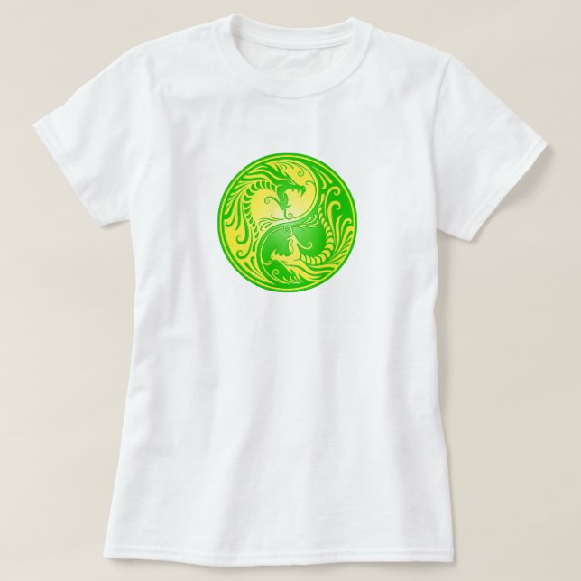 Yin Yang drakar, gult och grönt Tee (Design framsida)