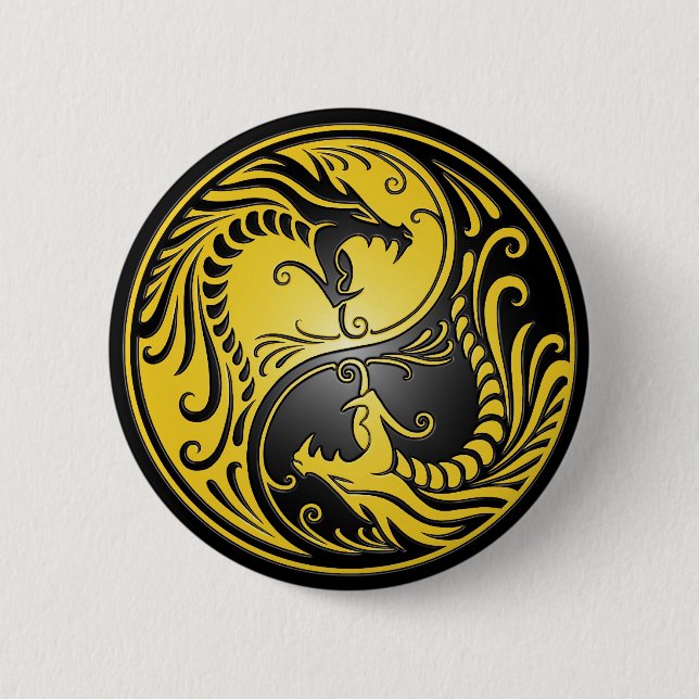 Yin Yang drakar, gult och svart Knapp (Framsida)