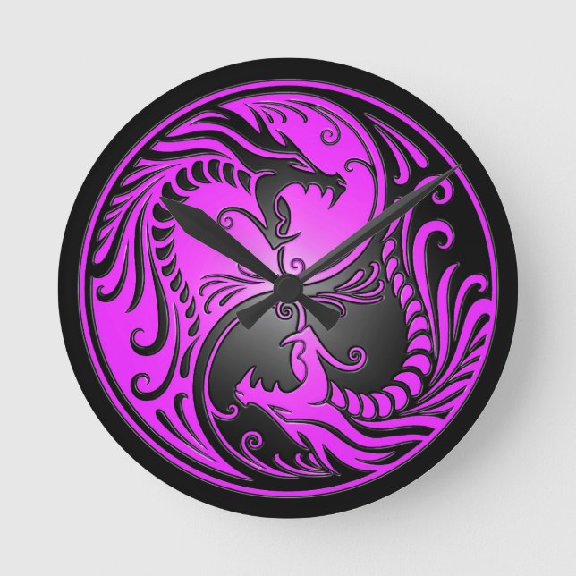 Yin Yang drakar, lilor och svart Rund Klocka (Framsida)