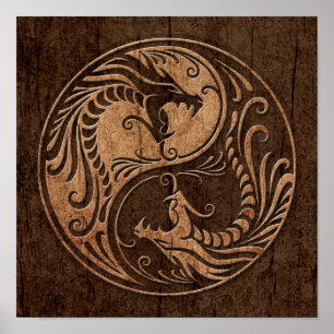 Yin Yang drakar med Wood korn verkställer Poster