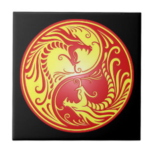Yin Yang drakar, rött och gult Kakelplatta