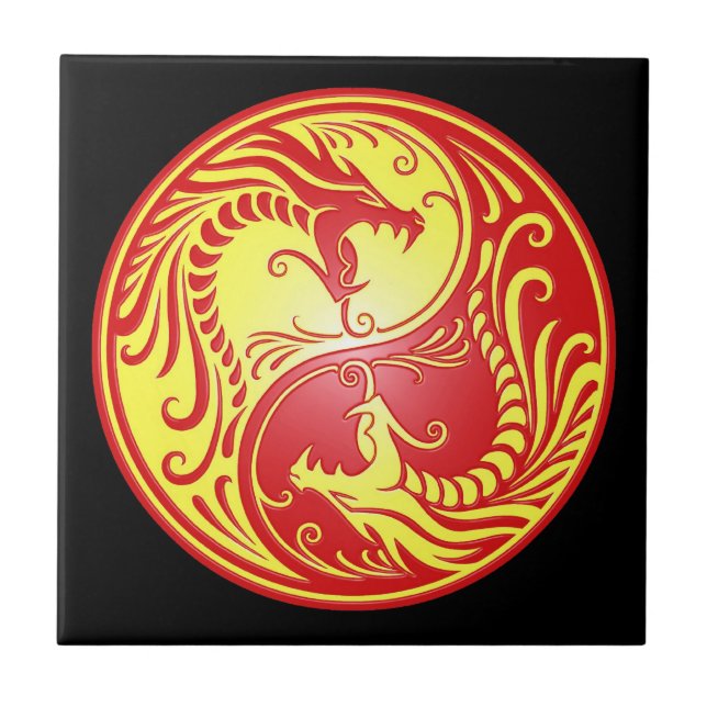 Yin Yang drakar, rött och gult Kakelplatta (Framsidan)