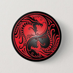 Yin Yang drakar, rött och svart Knapp