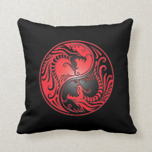 Yin Yang drakar, rött och svart Kudde