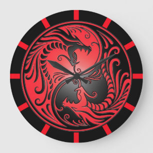 Yin Yang drakar, rött och svart Stor Klocka