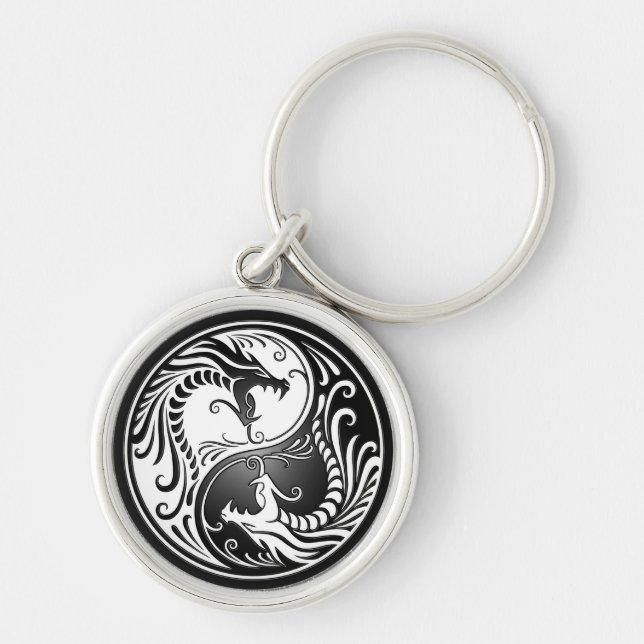 Yin Yang drakar Rund Silverfärgad Nyckelring (Framsidan)