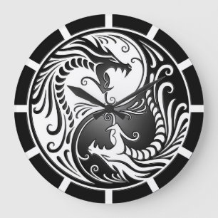 Yin Yang drakar, vit och svart Stor Klocka