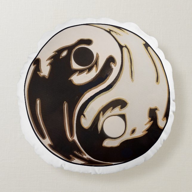 Yin yang Dubbla Dragon Rund Kudde (Framsidan)