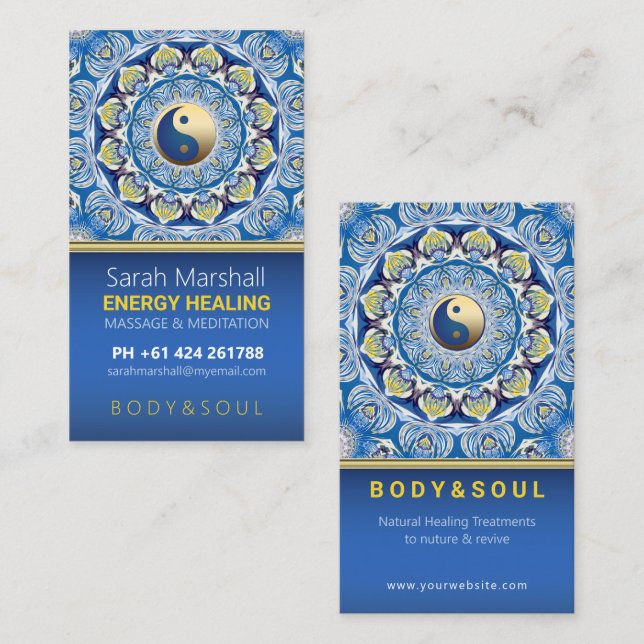 Yin Yang Energy Healing Blue Gult Mandala Visitkort (Fram/baksida)