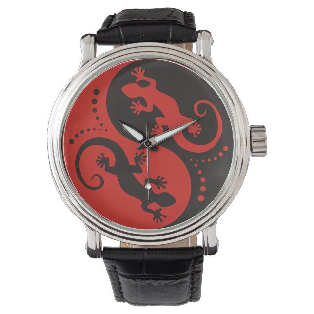 YIN & YANG Geckos black red + din bakgrundsidé Armbandsur (Framsida)