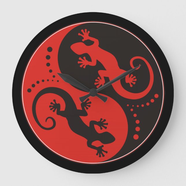YIN & YANG Geckos black red + din bakgrundsidé Stor Klocka (Framsida)