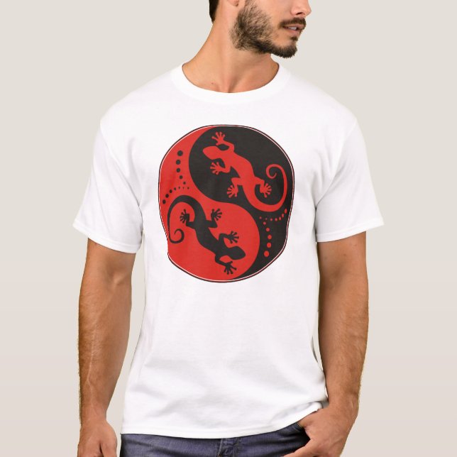 YIN & YANG Geckos black red + din idé T-shirt (Framsida)