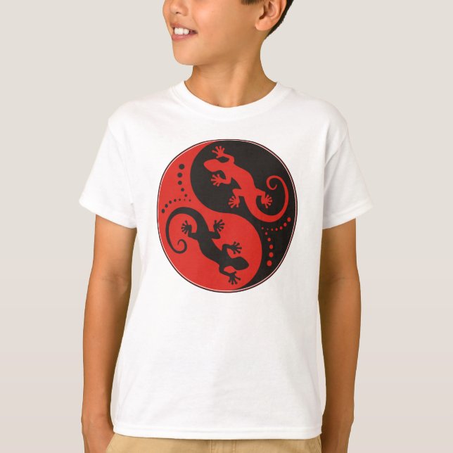 YIN & YANG Geckos black red + din idé T Shirt (Framsida)