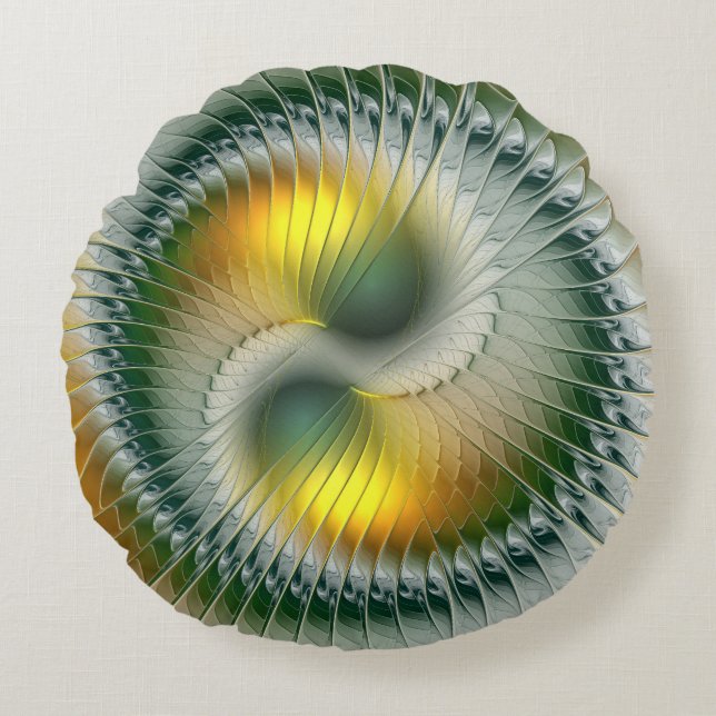 Yin Yang Grönt Gult Abstrakt Colorful Fractal Rund Kudde (Framsidan)