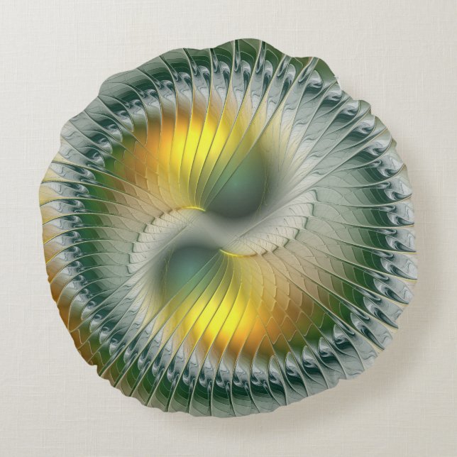 Yin Yang Grönt Gult Abstrakt Colorful Fractal Rund Kudde (Baksidan)