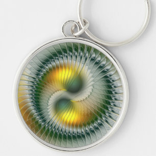 Yin Yang Grönt Gult Abstrakt Colorful Fractal Rund Silverfärgad Nyckelring