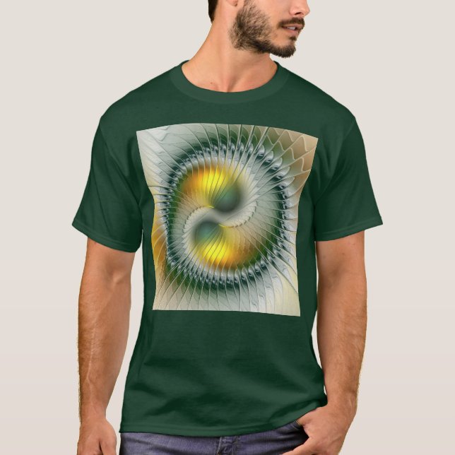 Yin Yang Grönt Gult Abstrakt Colorful Fractal T Shirt (Framsida)