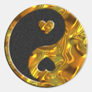 Yin & Yang / Hearts guld   Svart stänk Runt Klistermärke
