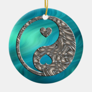Yin & Yang / Hearts SILVER vinkara blågröna Julgransprydnad Keramik