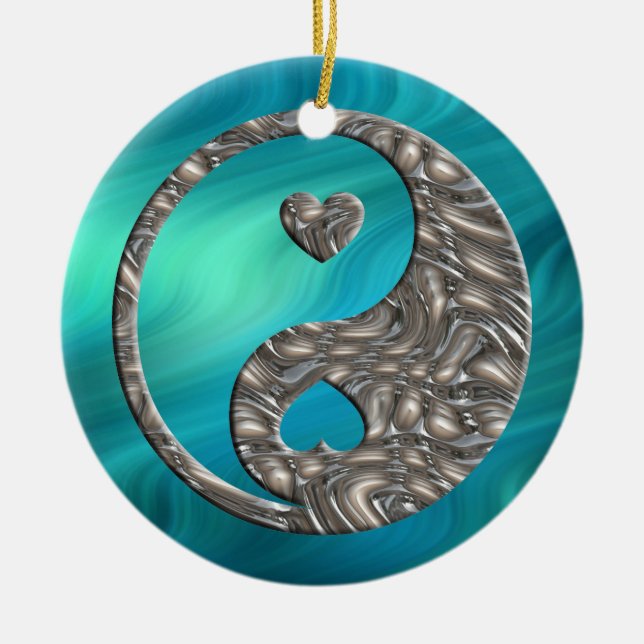 Yin & Yang / Hearts SILVER | vinkara blågröna Julgransprydnad Keramik (Framsidan)