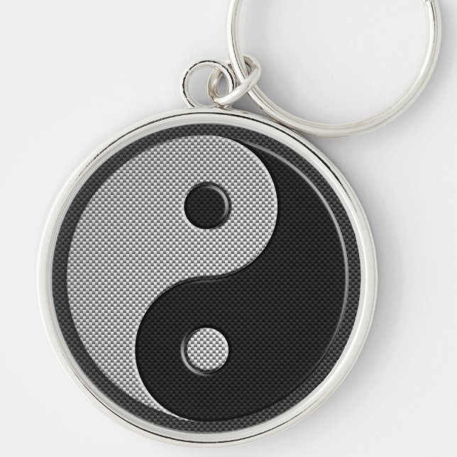 Yin Yang i stil för kolfibertryck Rund Silverfärgad Nyckelring (Framsidan)