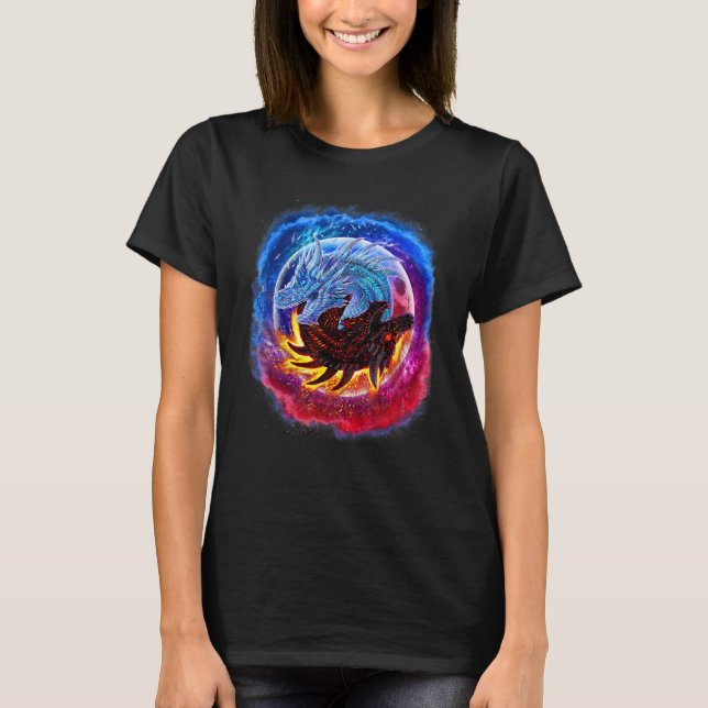 Yin Yang Ice och Fire Dragon i Space T Shirt (Framsida)