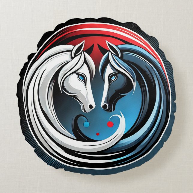 Yin-Yang Inspirerad Abstrakt Häst Design Rund Kudde (Framsidan)