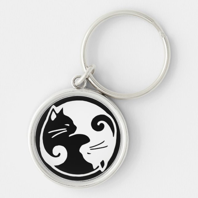 Yin Yang katter flott Keychain Rund Silverfärgad Nyckelring (Framsidan)