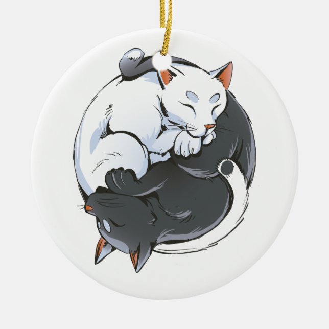 Yin Yang Katter – Fredlig Zen Katt Konst Design Julgransprydnad Keramik (Framsidan)